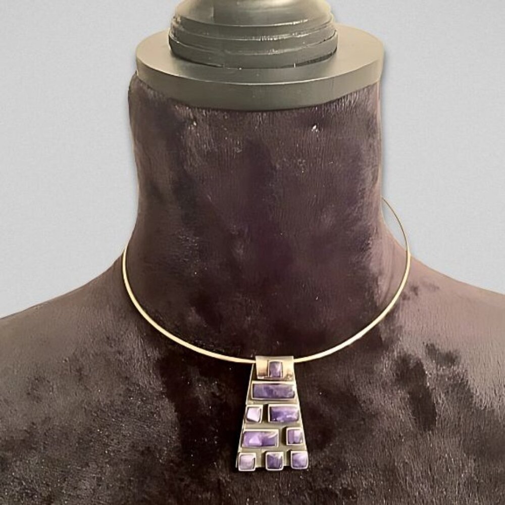 Southwest Triangular Pendant .925 Sterling Silver Geometric Gemstone Purple W OS